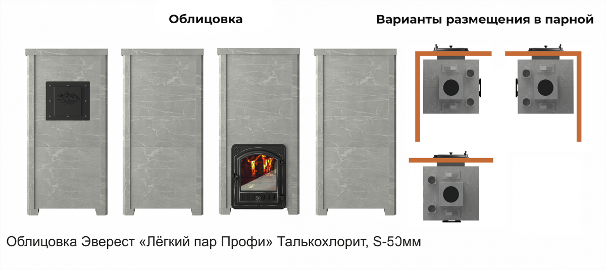 Печь Эверест "Легкий пар Профи" каменка «по-серому», Талькохлорит, S-50 мм — изображение 4